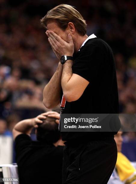 Head coach Martin Schwalb of Hamburg gestures during the Bundesliga match between HSV Hamburg and VfL Gummersbach at the Color Line Arena on March 2,...