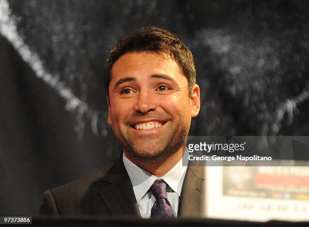 Oscar De La Hoya attends the Mayweather vs Mosley press conference at the Nokia Theatre on March 2, 2010 in New York City.
