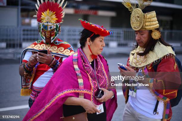 Fans of Peru gather outside of Arena Khimki on June 12, 2018 in Khimki, Russia.