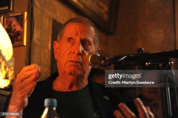 Danny Fields, American music manager, publicist and author, talks at a book launch at the Ramones Museum on June 10, 2018 in Berlin, Germany. Fields...