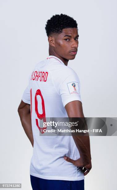 Marcus Rashford of England poses for a portrait during the official FIFA World Cup 2018 portrait session at on June 13, 2018 in Saint Petersburg,...