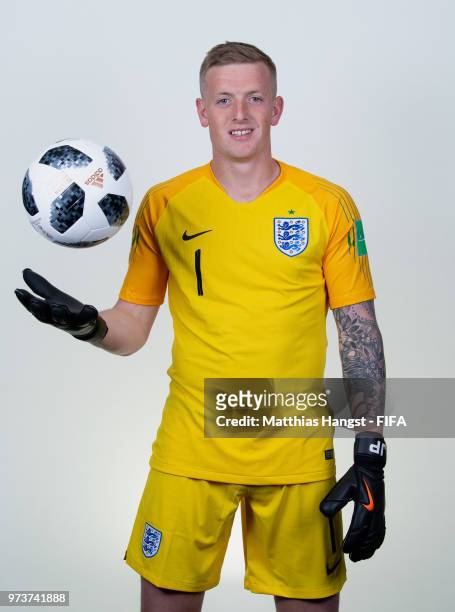 Goalkeeper Jordan Pickford of England poses for a portrait during the official FIFA World Cup 2018 portrait session at on June 13, 2018 in Saint...