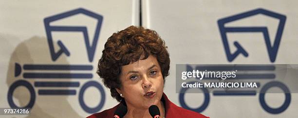 Brazil's Chief of Staff Dilma Rousseff delivers a speech during a luncheon with leaders of automobile industry companies with the presence of...