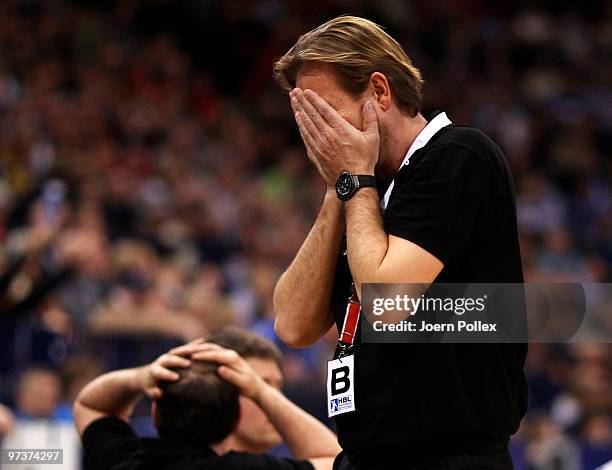 Head coach Martin Schwalb of Hamburg gestures during the Bundesliga match between HSV Hamburg and VfL Gummersbach at the Color Line Arena on March 2,...