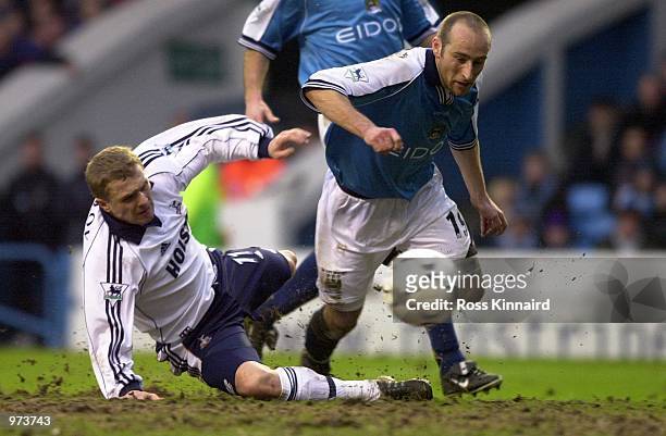 Sergei Rebrov of Spurs challenged by Danny Tiatto of Man City during the FA Carling Premiership match between Manchester City and Tottenham Hotspur,...