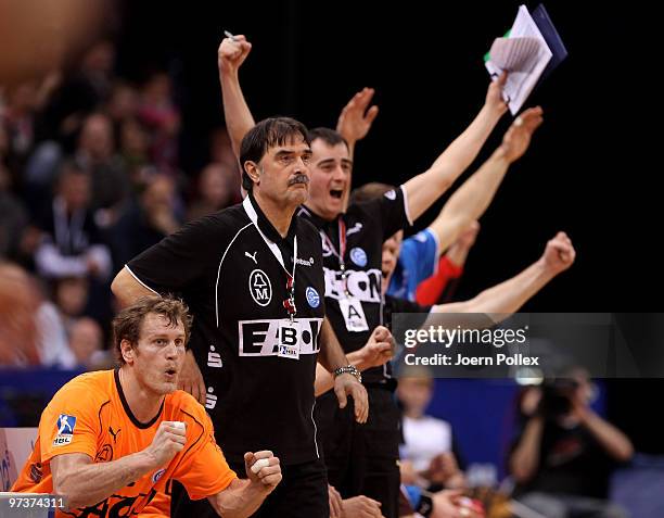 Player of Gummersbach celebrate during the Bundesliga match between HSV Hamburg and VfL Gummersbach at the Color Line Arena on March 2, 2010 in...