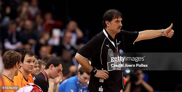 Head coach Sead Hasanefendic of Gummersbach gestures during the Bundesliga match between HSV Hamburg and VfL Gummersbach at the Color Line Arena on...