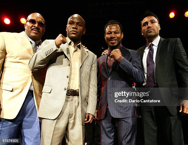 Leonard Ellerbe, Floyd Mayweather, Shane Mosley, and Oscar De La Hoya attend the Mayweather vs Mosley press conference at the Nokia Theatre on March...