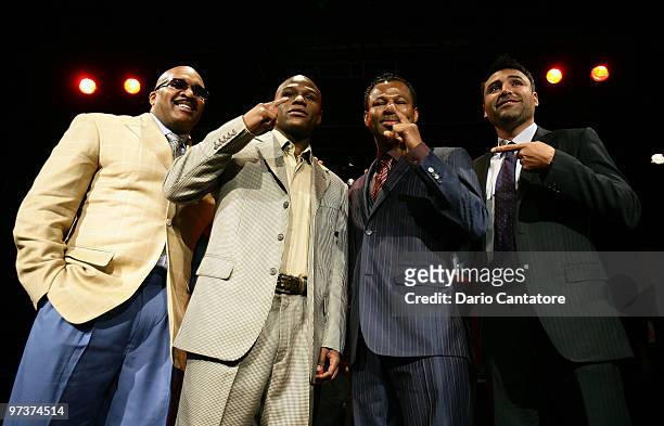 Leonard Ellerbe, Floyd Mayweather, Shane Mosley, and Oscar De La Hoya attend the Mayweather vs Mosley press conference at the Nokia Theatre on March...