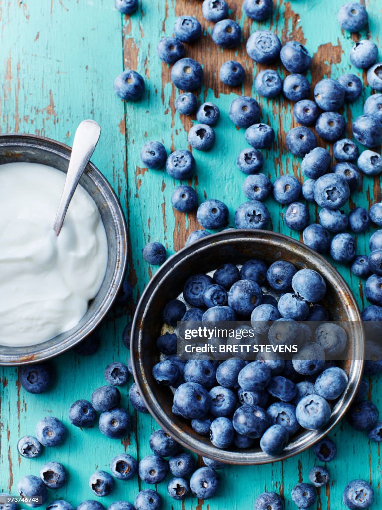 Still life with bowl of blueberries and yogurt, overhead view