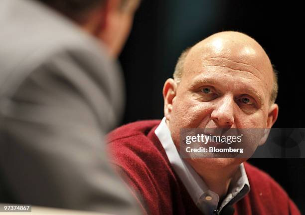 Steve Ballmer, chief executive officer of Microsoft Corp., right, speaks with Search Engine Land editor-in-chief Danny Sullivan during a discussion...