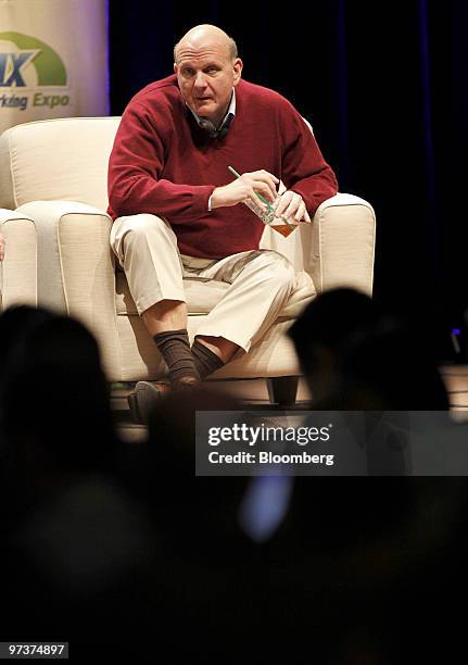 Steve Ballmer, chief executive officer of Microsoft Corp., takes a question from the audience during a discussion at the Search Marketing Expo West...