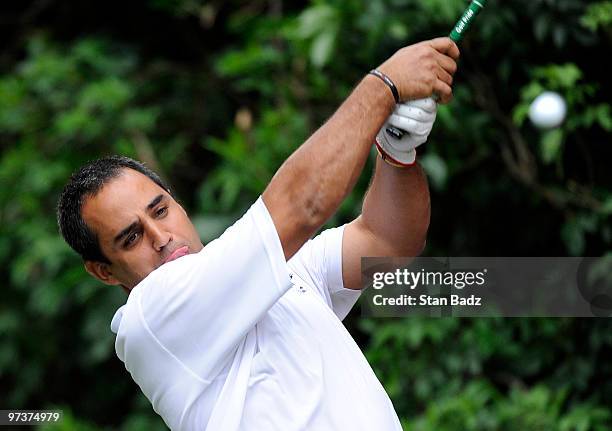 Driver Juan Pablo Montoya of Colombia hits a drive during the Pro-Am round at the Pacific Rubiales Bogota Open Presented by Samsung at Country Club...