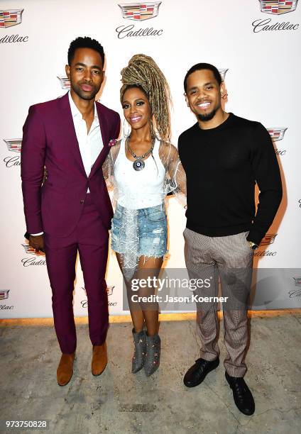 Actor Jay Ellis, recording artist Jade Novah, and actor Tristan 'Mack' Wilds attends Cadillac Welcome Luncheon At ABFF: Black Hollywood Now at The...
