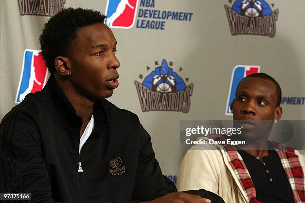 Hasheem Thabeet, left, and Lester Hudson of the Dakota Wizards addresses the media during a press conference March 2, 2010 at the Bismarck Civic...