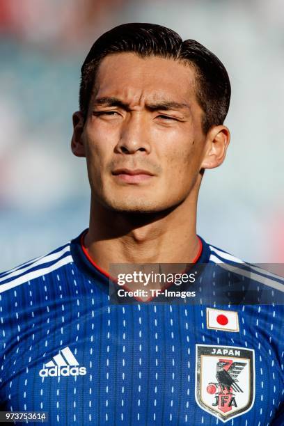 Tomoaki Makino of Japan looks on during the international friendly match between Switzerland and Japan at the Stadium Cornaredo on June 8, 2018 in...