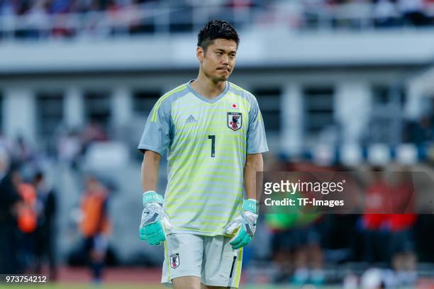 Goalkeeper Eiji Kawashima of Japan looks on during the international friendly match between Switzerland and Japan at the Stadium Cornaredo on June 8,...