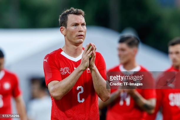 Stephan Lichtsteiner of Switzerland gestures during the international friendly match between Switzerland and Japan at the Stadium Cornaredo on June...