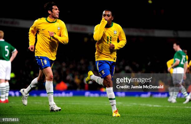 Robinho of Brasil celebrates his goal with Kaka during the International Friendly match between Republic of Ireland and Brazil played at Emirates...