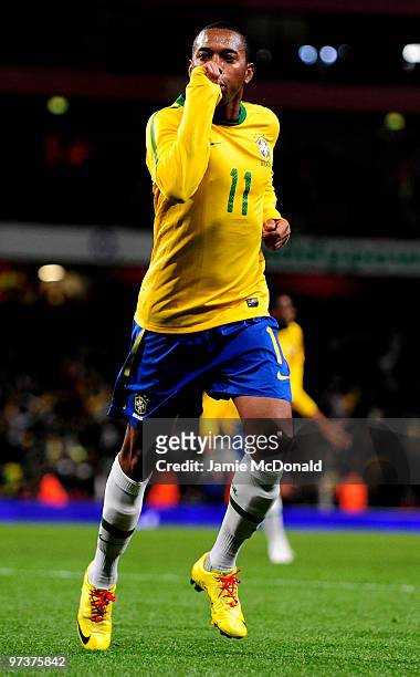 Robinho of Brasil celebrates his goal during the International Friendly match between Republic of Ireland and Brazil played at Emirates Stadium on...