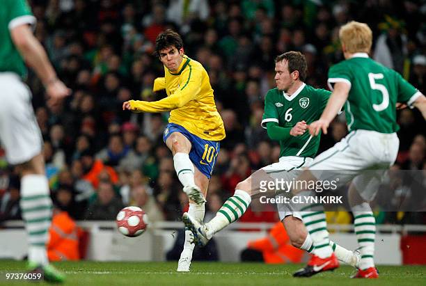 Brazil's midfielder Kaka shoots during their international friendly football match against Republic of Ireland on March 2, 2010 at the Emirates...