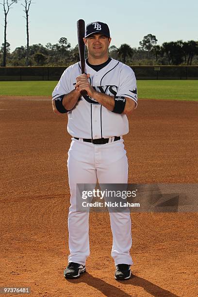 Kelly Shoppach of the Tampa Bay Rays poses for a photo during Spring Training Media Photo Day at Charlotte County Sports Park on February 26, 2010 in...
