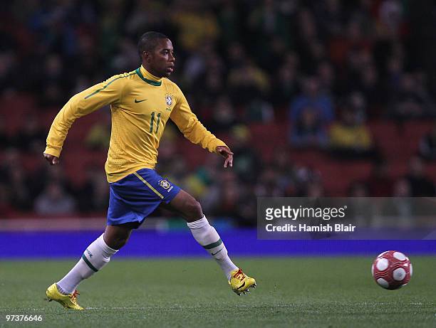 Robinho of Brazil in action during the International Friendly match between Republic of Ireland and Brazil played at Emirates Stadium on March 2,...