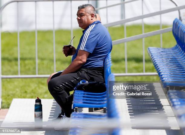 President of AFA Claudio Tapia drinks an Argentine infusion during a training session at Training site at Stadium of Syroyezhkin Sports School on...