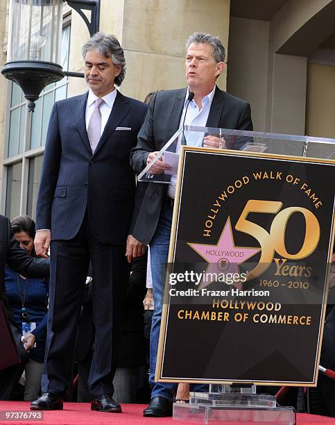 Music producer David Foster speaks as opera and pop singer Andrea Bocelli is honored with a star on the Hollywood Walk of Fame on March 2, 2010 in...