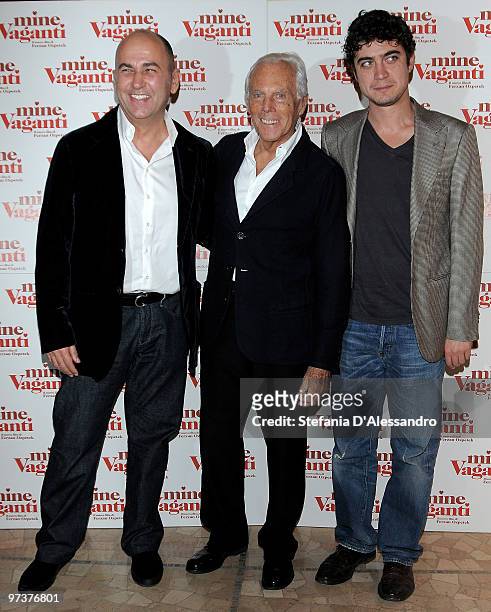 Ferzan Ozpetek, Giorgio Armani and Riccardo Scamarcio attend the 'Mine Vaganti' Milan Premiere held at Cinema Anteo on March 2, 2010 in Milan, Italy.