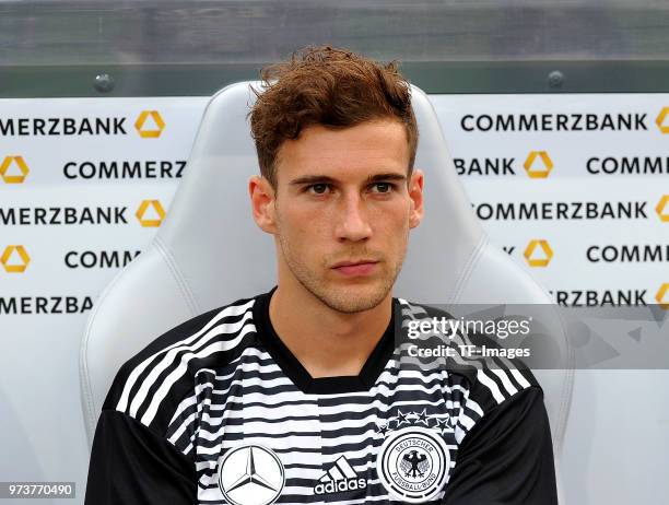 Leon Goretzka of Germany looks on prior to the international friendly match between Germany and Saudi Arabia at BayArena on June 8, 2018 in...