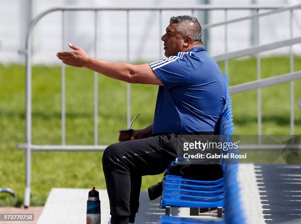 President of AFA Claudio Tapia gestures during a training session at Training site at Stadium of Syroyezhkin Sports School on June 12, 2018 in...