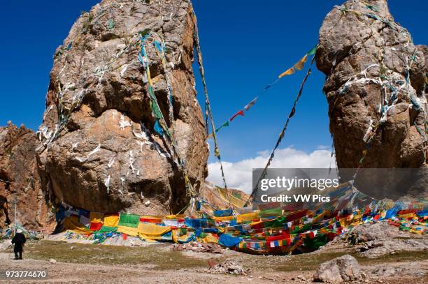 Prayer flags at the Couple Stone, Nam Tso lake, Nyainqentanglha mountains, Tibet.