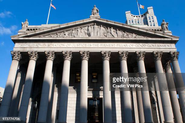 New York State Supreme Court building in Lower Manhattan showing the words 'The True Administration of Justice' on its facade in Manhattan, New York,...