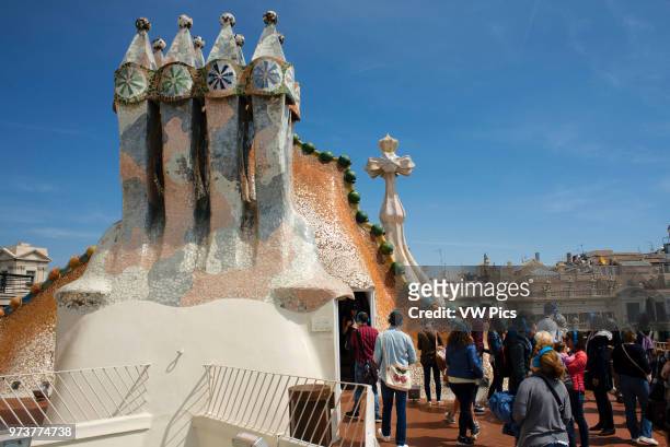Antoni Gaudi Casa Batllo, UNESCO World Heritage Site, Barcelona, Catalonia, Spain. Sant Jordi is the Patron Saint of Catalonia all is full of roses.
