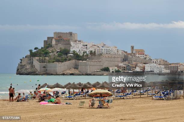 The beach, town and the castle of Papa Luna. Peniscola, Spain.