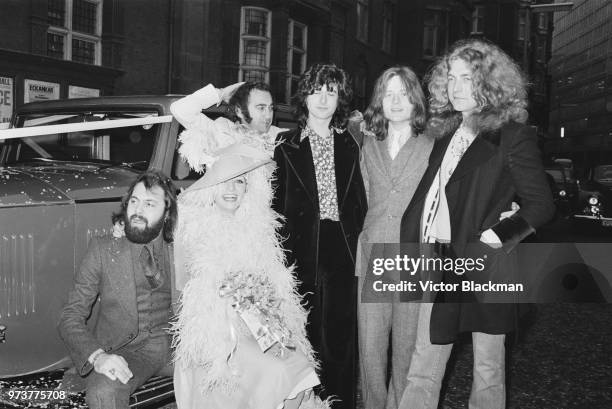 English music manager Richard Cole with his wife, former bunny girl Marylin Woolhead, celebrating their wedding with British rock band Led Zeppelin...