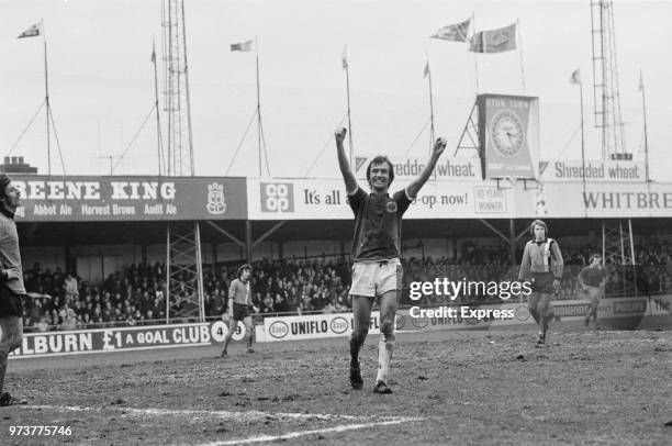 English soccer player of Leicester FC Steve Earle exults during a match against Leeds United FC, UK, February 1974.