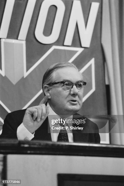 British Labour Party politician James Callaghan at a press conference, UK, 16th February 1974.