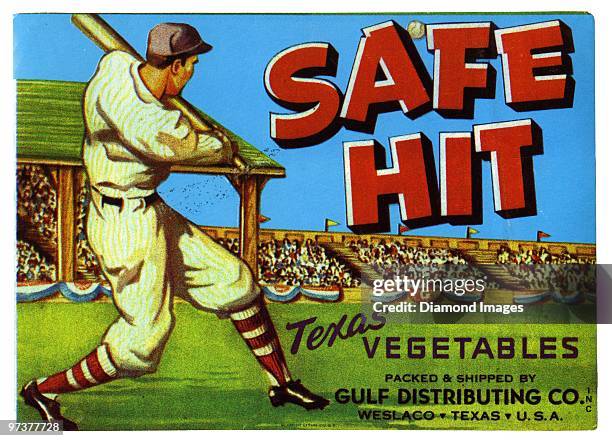 Color packing box label for Safe Hit Texas vegetables depicts a basbeall player swinging at a pitch circa-1940 for the Gulf Distributing Company,...