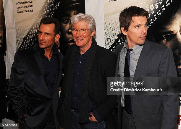 Actors Wass Stevens, Richard Gere and Ethan Hawke attend the premiere of "Brooklyn's Finest" at AMC Loews Lincoln Square 13 theater on March 2, 2010...