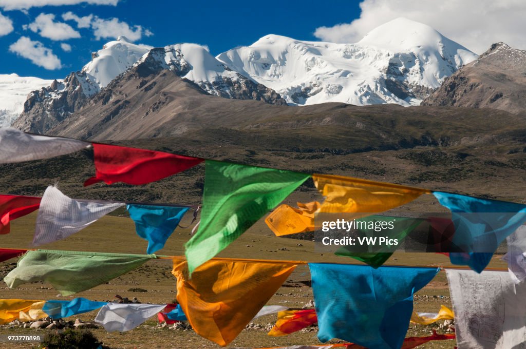 Prayer flags at the base of Mount Nyenchen Tanglha.