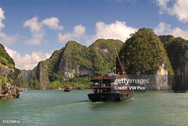 Chinese Junk, Halong Bay Tourist Boat Tour, Vietnam. Junk, boat sailing amongst karst limestone mountains at Cat Ba National Park, Ha long, Halong...