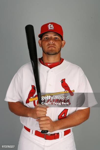 Catcher Yadier Molina of the St. Louis Cardinals during photo day at Roger Dean Stadium on March 1, 2010 in Jupiter, Florida.