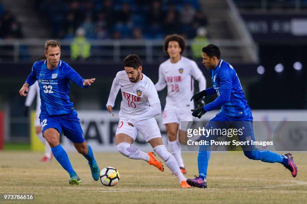 Tianjin Midfielder Alexandre Pato plays against Kitchee Midfielder Krisztian Vadocz during the AFC Champions League 2018 round 1 of Group Stage E...