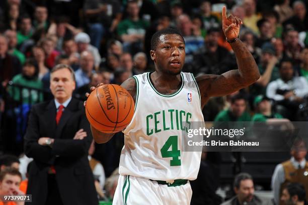 Nate Robinson of the Boston Celtics handles the ball against the New York Knicks during the game on February 23, 2010 at TD Banknorth Garden in...