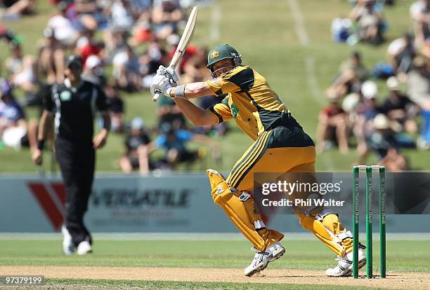 Shane Watson of Australia bats during the First One Day International match between New Zealand and Australia at McLean Park on March 3, 2010 in...