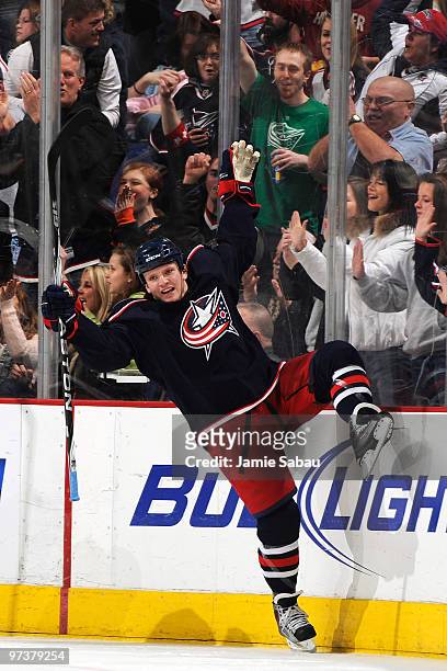 Derek Dorsett of the Columbus Blue Jackets celebrates after scoring on the Vancouver Canucks during the second period on March 2, 2010 at Nationwide...