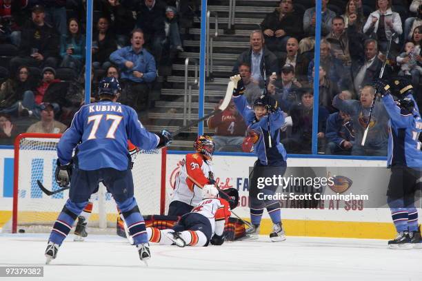 Maxim Afinogenov of the Atlanta Thrashers celebrates after a goal by Todd White against the Florida Panthers at Philips Arena on March 2, 2010 in...