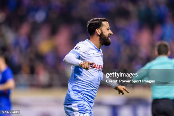 Sydney FC Forward Alex Brosque celebrating his score during the AFC Champions League 2018 round 2 of Group H match between Shanghai Shenhua and...